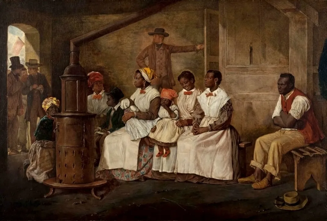 A painting of enslaved people awaiting their sale in Richmond, Virginia