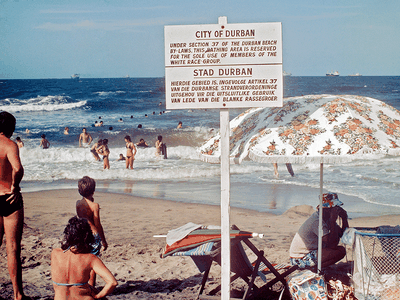 A beach at Durban reserved for whites. An amendment to the Separate Amenities Act extended the laws to beaches. January 1, 1976