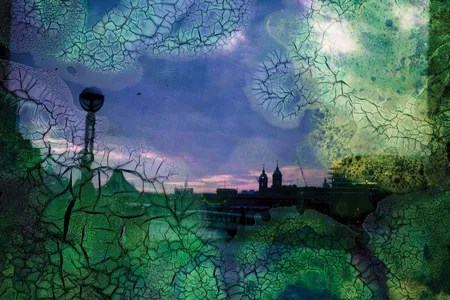 When I felt strong enough to go out for a walk, out of desperation from being locked up in the flat, I would walk along the Thames on the large promenade that borders the river. It was a cool night in April, and the sun had left a searing purple and pink horizon line on the city. It is rare to see such colors linger at dusk and I had with me my Polaroid camera. I took a few shots and remember how silent and eerie the city felt. A ghost town is truly what it was. This image  was taken home and washed with water, sprayed with a foamy bleach and then doused with liquid hand sanitizer in the patches of foam.
