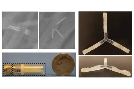X-ray images at top left show the drug-delivery capsule in the intestine, before and after the arms expand. At right, the arms are unfolded to reveal the microneedles.