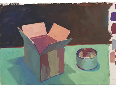 Painting sketch featuring a cardboard box in various shades of red, pink, orange, and blue, beside a small green can or jar with red and blue marks inside of it. Both objects are sitting on a green surface with a dark background, and various colors of pai