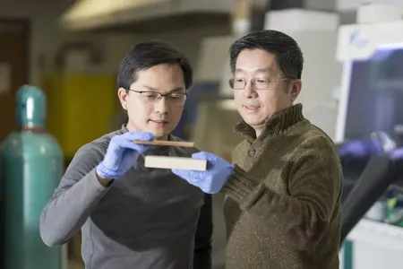 Material scientist Liangbing Hu (left) holds wood stronger than titanium and tougher than steel after a two-step process. Mechanical engineer Teng Li (right) holds an untreated block of the same wood.