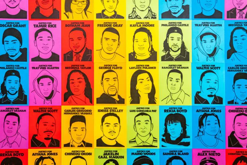 A grid of portraits on colorful backgrounds.