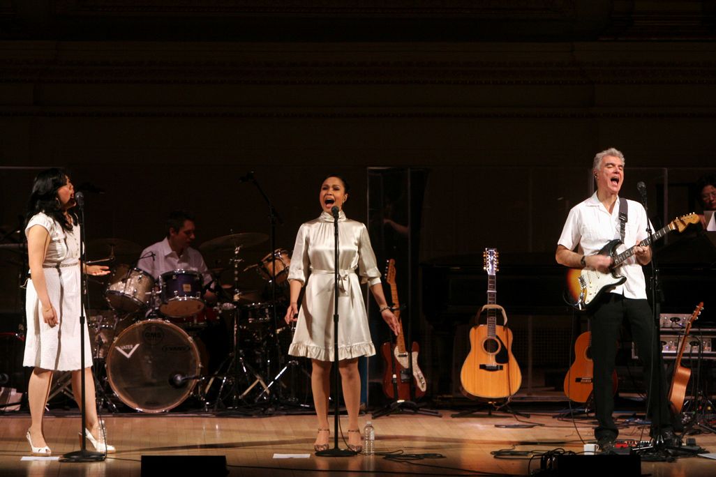 David Byrne, Ganda Suthivarakom and Joan Almedilla performing songs from Here Lies Love at Carnegie Hall in 2007