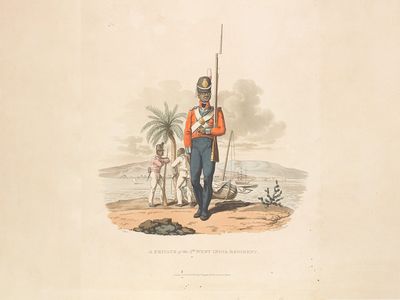 An 1812 illustration of a private from the Fifth West India Regiment. In the 1790s, the remaining members of the Carolina Corps&nbsp;became part of the newly established First West India Regiment.