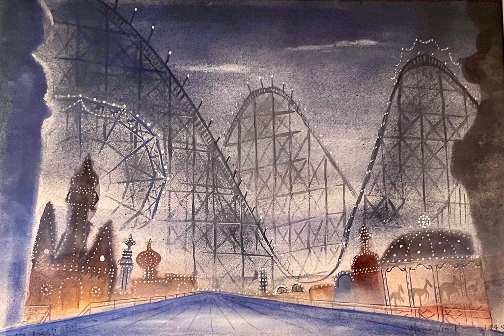 A blue and brown watercolor showing a roller coaster and other carnival attractions