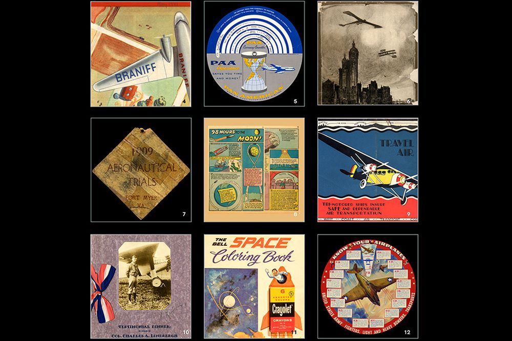 grid of ephema, including a Pan Am baggage label from 1937, a French airplane brochure from 1910, and an entrance badge from the WRight Military flyer trials