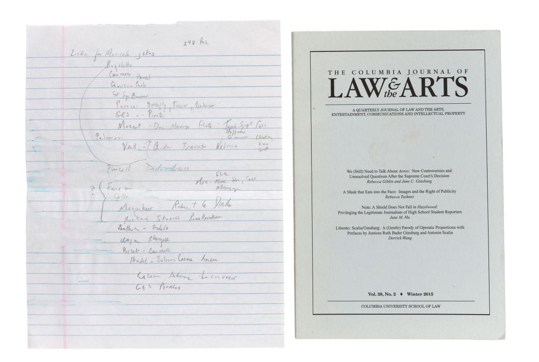 A copy of The Columbia Journal of Law and Arts pamphlet next to handwritten notes on a sheet of lined notebook paper