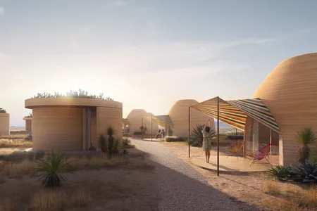 A rendering of the 3D-printed rounded hotel rooms