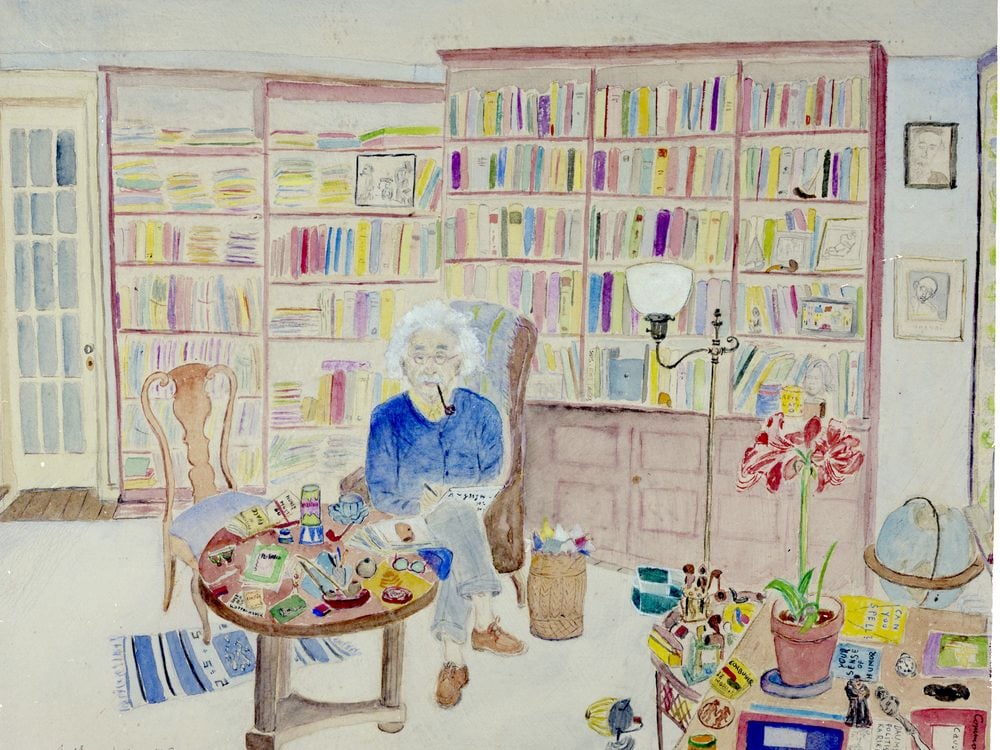 Plunguian’s watercolor of Einstein in his Princeton office (Courtesy of Smithsonian Institution Archives)