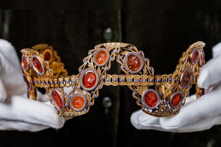 Studded with gems and carvings of classical figures, the two tiaras and accompanying jewelry are expected to sell for between $410,000 and&nbsp;$690,000.