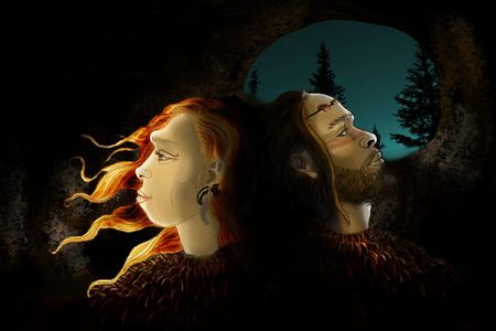 Illustration of Neanderthals and Sapiens, the two human populations that inhabited Cova Foradada, wearing personal ornaments.