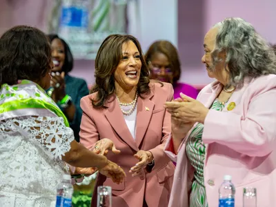 Vice President Kamala Harris greets members of the sorority Alpha Kappa Alpha after speaking at the Kay Bailey Hutchison Convention Center on July 10, 2024 in Dallas, Texas