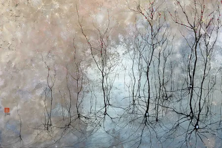 Wispy gold interneurons and astrocyte cells surround large cortical neurons in this painting of the brain&rsquo;s inner circuitry.