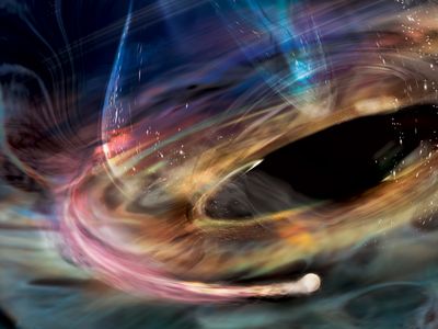 An artist&rsquo;s concept of a white dwarf orbiting a supermassive black hole and shedding matter