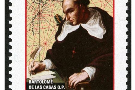 1992 stamp commemorating the life and work of Bartolomé de las Casas, a Dominican friar who denounced Spanish abuses against the Caribbean's Native people. Though he regretted it later, he recommended increasing the number of enslaved Africans to lessen the burden on Native communities. Courtesy of the National Postal Museum. Estampilla de 1992 en conmemoración de la vida y trabajo de Bartolomé de las Casas, un fraile dominicano que denunció los abusos de los españoles contra los pueblos indígenas del Caribe. Aunque luego se arrepintió, recomenó aumentar el número de africanos esclavizados para mitigar la carga de las comunidades indígenas. Cortesía del Museo Nacional del Correo. 