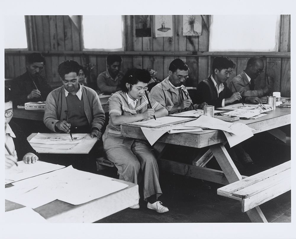 Photograph of a brush work class by Dorothea Lange