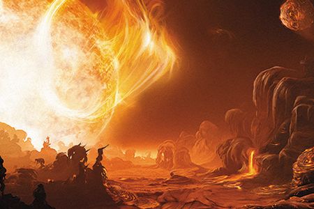 An artist places us on the surface of Gliese 876 d, a planet in or near the habitable zone around a red dwarf star.