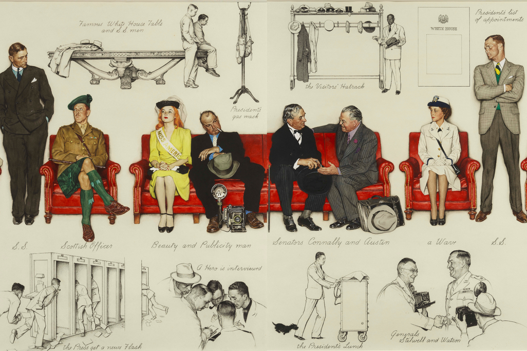 A colorful drawing showing people sitting on red sofas