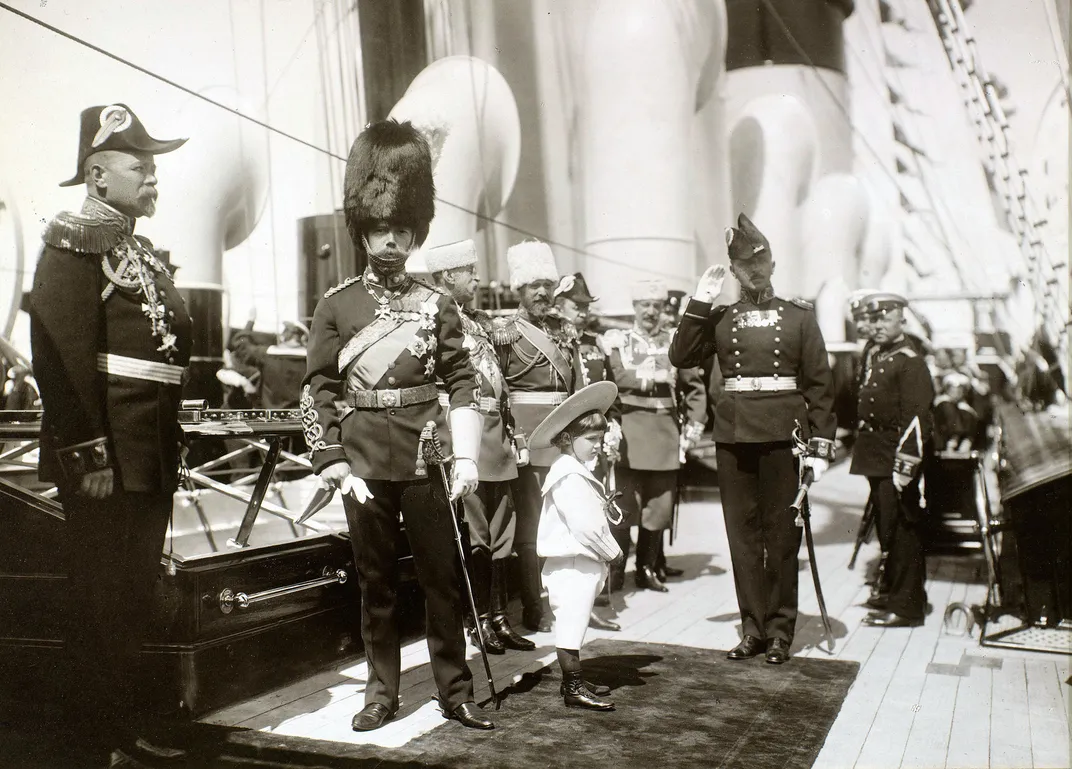 A 1908 photo of Nicholas and Alexei on the Standart​​​​​​​