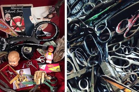 The exhibition features a pair of 18th-century stork scissors, heavy tailors’ shears and calligraphy scissors