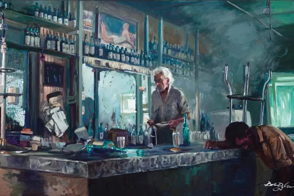 A painting of a man in a bar wiping a glass, while another man is asleep
