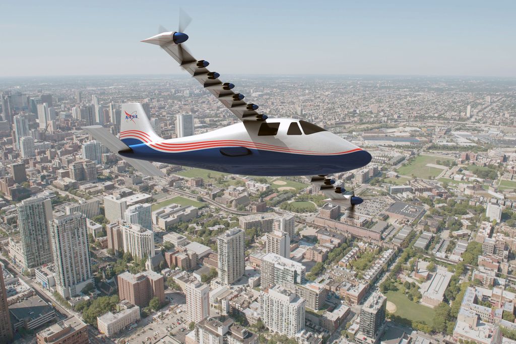 a plane with 7 motors on each wing flies over a city