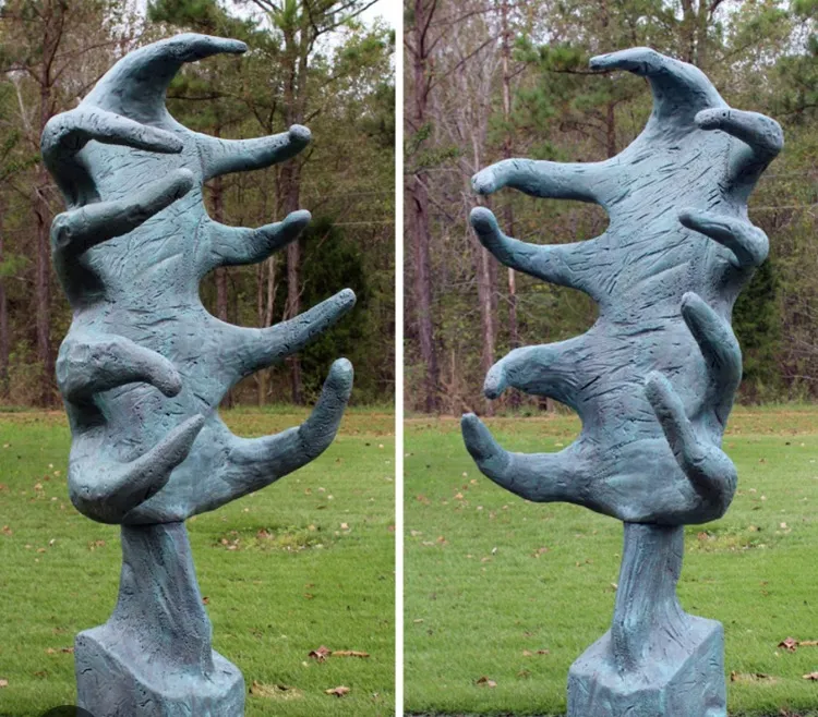 Side-by-side image of a blue-grey statue