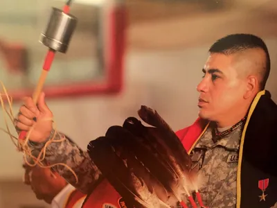 Cody Ayon (Tsistsistas [Southern Cheyenne]) enlisted in both the U.S. Navy and the New Mexico Army National Guard. The Native community of Albuquerque welcomed then-Lieutenant Ayon home with a Soldier Dance after his service during the Iraq War. (Steven Clevenger [Osage], courtesy of Cody Ayon)