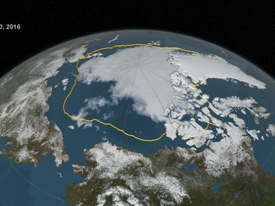 The 2016 Arctic sea ice summertime minimum, reached on Sept. 10, is 911,000 square miles below the 1981-2010 average minimum sea ice extent, shown here as a gold line (NASA Goddard's Scientific Visualization Studio/C. Starr).