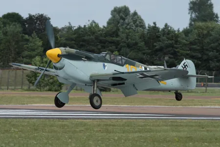 A Messerschmitt Bf 109. This is a Spanish-built version of the plane, licensed from Messerschmitt AG.