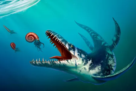 A Kronosaurus, one of the top predators in Cretaceous-era tropical oceans, prepares to feast on an ammonite.