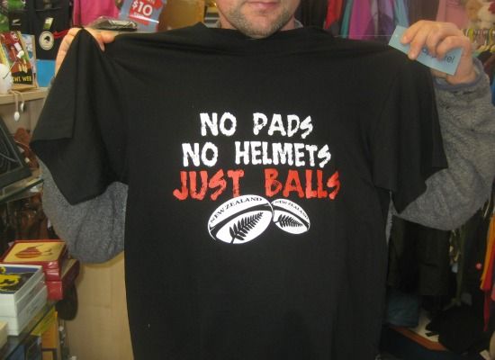 This T-shirt, spotted in a Kaikoura gift shop, reflects a common Kiwi impression of American footballers: They're wimps.