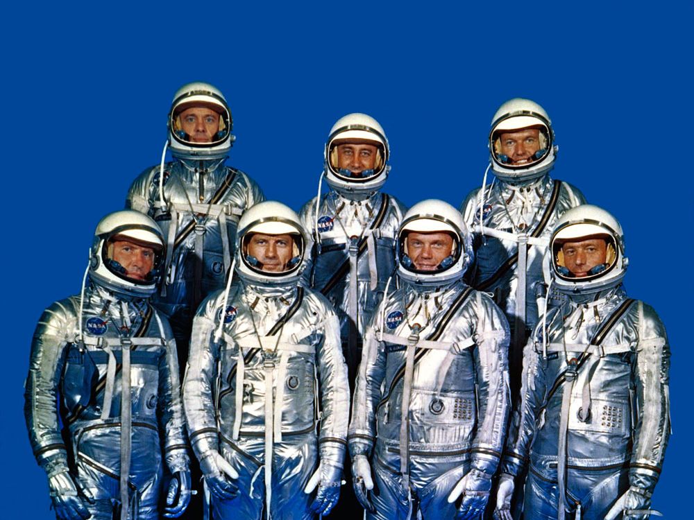 NASA's Project Mercury astronauts on April 9, 1959. Known as the Mercury Seven or Original Seven, they are (front row, left to right) Walter M. 