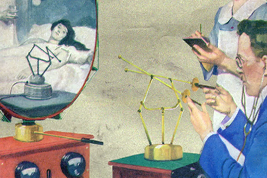 A doctor's diagnosis "by radio" on the cover of the February, 1925 issue of Science and Invention magazine