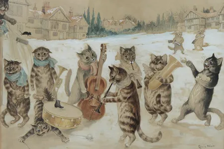 A Louis Wain illustration of cats singing carols