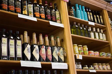 Olive oils for sale at The Spanish Table at Seattle's Pike Place Market.