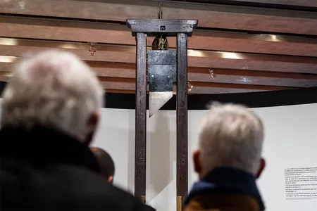 A guillotine donated by French lawyer Robert Badinter, who fought for the abolition of the death penalty, is on display at Marseille&rsquo;s Museum of the Civilizations of Europe and the Mediterranean through April 2026.
