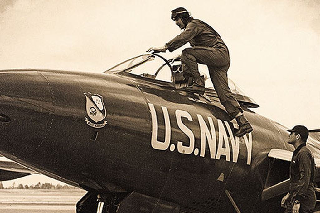 John Magda (mounting his Blue Angel Panther in 1950)