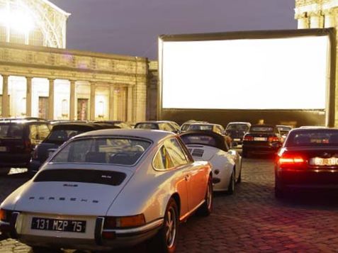 A drive-in with an inflatable movie screen in Brussels, Belgium