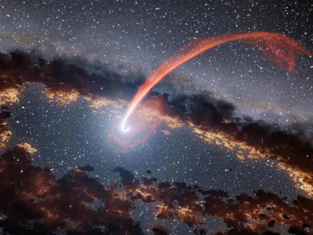An artist’s illustration of a black hole “eating” a star.