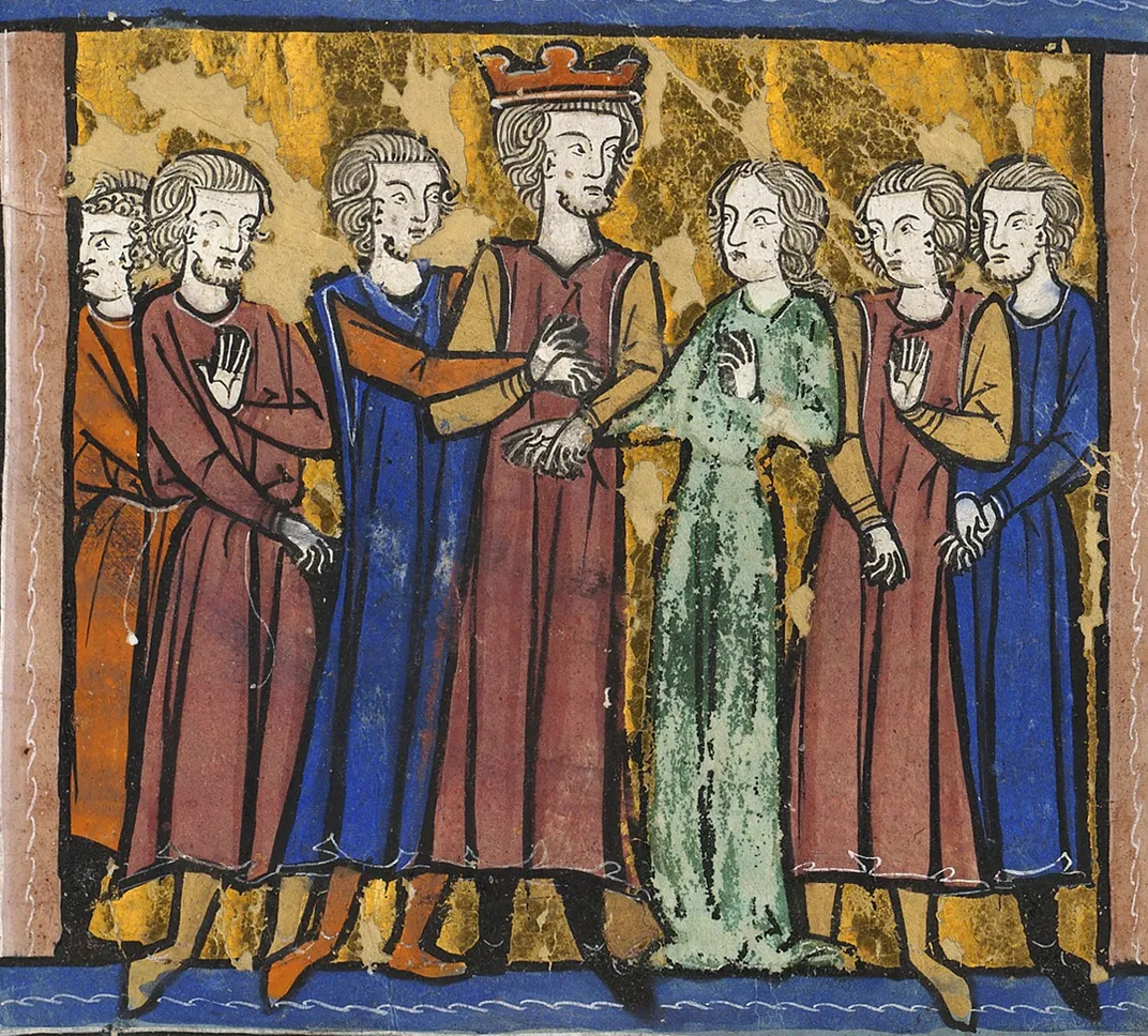 The wedding of Melisende's granddaughter Sibylla (in green) and her second husband, Guy of Lusignan