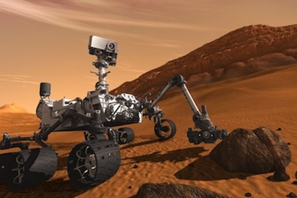 A digital rendering of Curiosity, set to land on Mars early Monday morning.