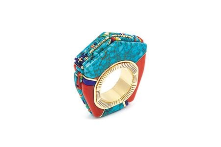 Raymond C. Yazzie, 2012. Coral, Lone Mountain and Orvil Jack turquoise, opal, sugilite, 14-karat gold. Collection of Janice Moody.
