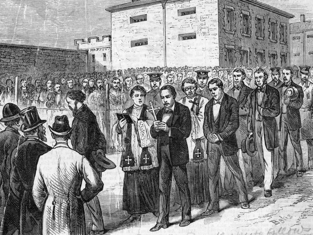 An illustration of Molly Maguires on their way to the gallows in Pottsville, Pennsylvania