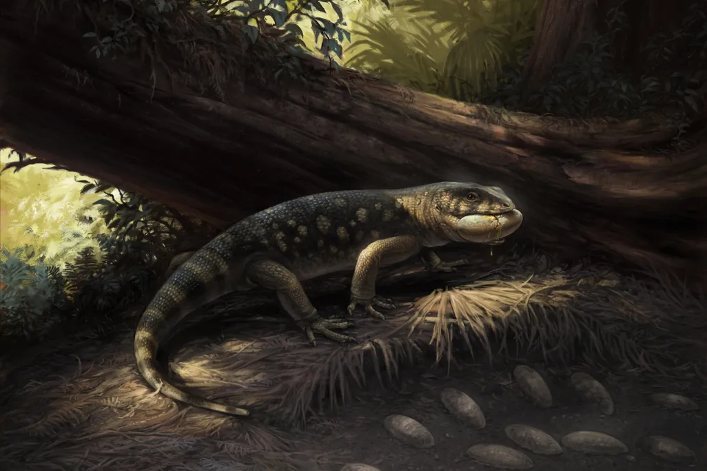 Artistic reconstruction of Bolg amondol, depicted raiding an oviraptorosaur dinosaur nest amidst the lush Kaiparowits Formation habitat.