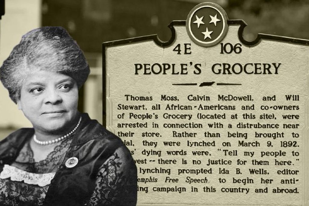 Ida B. Wells in front of a sign for People's Grocery