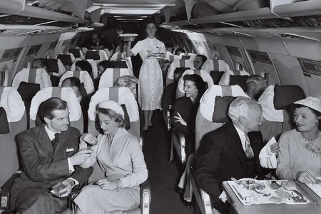 On a British European Airways Vickers Viscount airliner in the mid-1950s, passengers were served drinks and dinner—and smoked cigarettes—in “Pullman-style” comfort, unencumbered by seat belts. The debate over the use of the restraints continued into the 1960s.