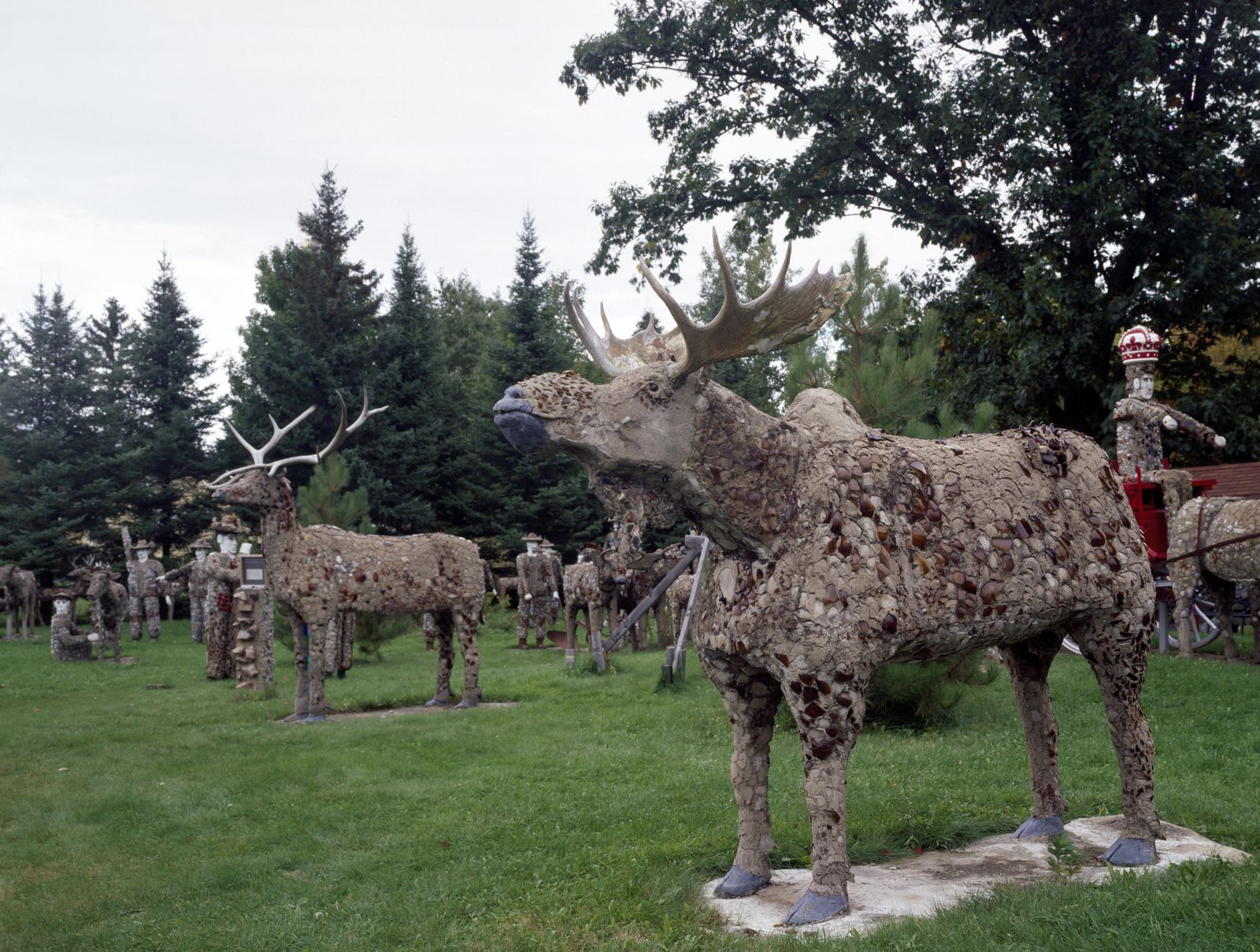 Over the years, a conservator replaced the headgear on deer with real antlers and the originals mounted on moose with synthetic alternatives.