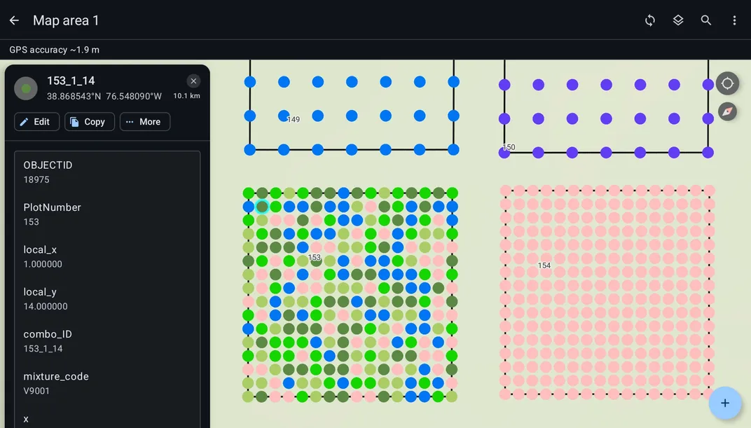 Four square maps of dots of different colors and spacings